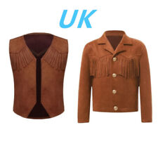 UK Kids Boys Western Cowboy Costume Fringe Suede Tassels Jacket Coat Vest 