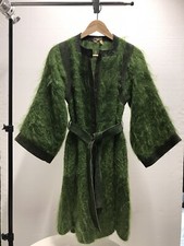 Stunning Rare JEAN MUIR Vintage GREEN Mid-length Coat/leather trim. Size 8