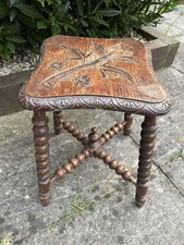 Antique Victorian Bobbin Hand Carved Wooden Stool. Flower Carved Design Ex Con