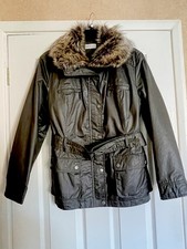 MINUET PETITE JACKET WTH FAUX FUR COLLAR  SZ 14  waxed cotton  fabric belted 