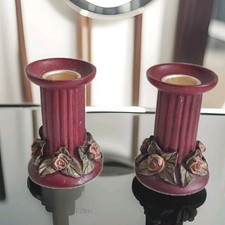 Pair Of Stunning Burgundy Candlesticks With Floral Decorative Touch -  8cm Tall