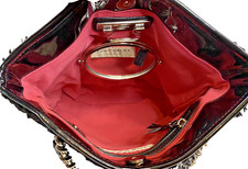 TRINA TURK Black FAUX FUR Purse SILVER CHAIN Straps PINK Lining Compact MIRROR