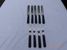 9  VICTORIAN JOSEPH RODGERS CARBON STEEL KNIVES & FORKS RIVETED WOODEN HANDLES