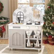 Wooden Play Kitchen with Sound, 5 Pcs Accessories,  Gas Cooker, knobs, Taps, 3+