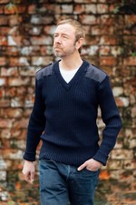 Nato Style Sweater with Patches and Epaulettes Vee Neck  Navy Size Medium