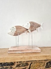 Hand Made Large Shabby Chic Pale White Wash Fish Shoal on Stand Boho  wood fish