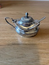 Silver mustard pot with  blue