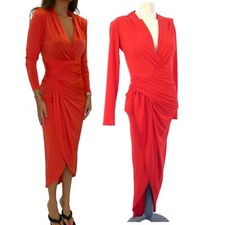 JOHN ZACK Dress Plunge Wrap Red Midi Silkfred Long Sleeve Formal UK 8 BNWT
