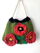 Beautiful handmade crochet green bag with poppies