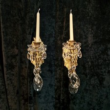 Fabulous Pair Italian Vintage Candle Cherub Brass Crystal Wall Sconces Lights