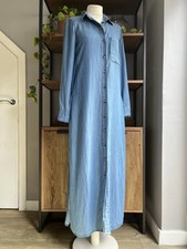 Zara Denim Tencel Maxi Shirt Dress S 8 10 Blue Chambray Side Splits Pockets