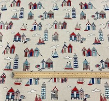Nautical Beach Hut Fabric Linen Look Stars Stripe Navy Red Home Decor