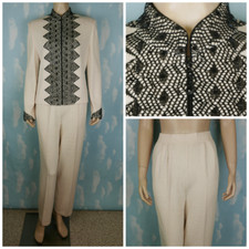 St. John Evening Knits Off White Jacket Pants L12 10 2pc Suit Black Lace Detail