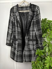 Wallis Long Open Blazer Jacket Size 16 Black White With Artificial Pearls