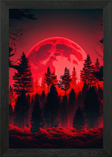 Red moon forest dark - , framed