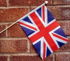 UNION JACK HAND WAVING FLAG medium 9" X 6" wooden pole polyester flags BRITISH