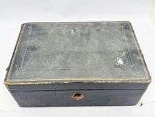 ANTIQUE BLACK LEATHER JEWELLERY BOX PURPLE VELVET INTERIOR WORN VICTORIAN