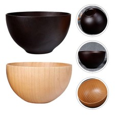 2Pcs Flat Bottom Wood Rice Food Bowls Fashion Soup Bowls Kitchen Food Containers