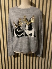 M&S Grey Bunny Rabbit Sequin Xmas Jumper Size M 12/14