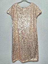 Next Sequin Party Dress Size 16 Tall Gold Shift Short Cap Sleeve Christmas 