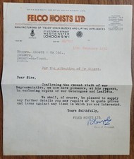 1951 Felco Hoists Ltd, Victoria St, London Letter to Abbott Newark-on-Trent
