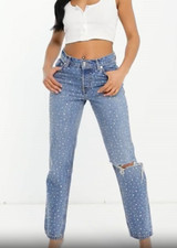 Diamante Rhinestone Jeans Straight Leg Ripped Knee Approx Fit Size 8 Asos