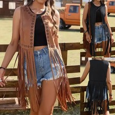 Womens Cowgirls Costume Sleeveless Fringe Waistcoat Faux Suede Tassels Vest Tops