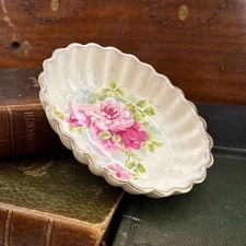 Antique Shabby Chic Floral Trinket Dish Pink Rose Oval Scalloped Cottage Bowl