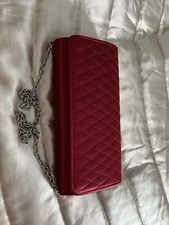 Red Quilted Clutch Bag With Silver Chain