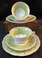 2 X Antique Grosvenor Bone China Green & Gold Tea Cup, Saucer & Tea Plate Trio
