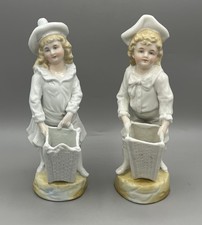 Vintage Porcelain Pair Of Figurines Boy Girl With Baskets Antique - READ