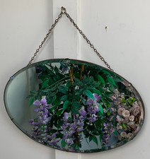 VINTAGE ART DECO SIMPLE OVAL FRAMELESS BEVEL EDGE WALL MIRROR ON CHAIN 22" x 13"