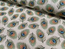 Linen Look Peacock Feathers Fan Print Fabric Curtain Cotton Material - 55" Wide