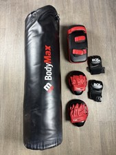 BodyMax 4ft Punch Bag Heavy Weight PU Filled + Jab Pads Thai Strike Pad Boa Mitt