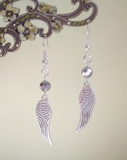 Guardian Angel Wing and Faceted Silver Crystal Bead Drop Earrings in Gift Bag