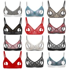 UK Women's Adjustable Spaghetti Straps Wireless Push up Lace Bra Opening Cup Top