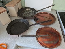 2 X ANTIQUE COPPER FRENCH ? IRON HANDLE FRYING PANS AND LIDS -