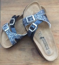 QVC Bonova X Strap Buckle Sandal In Blue Silver Metallic Sparkle Size UK 4 EU 37