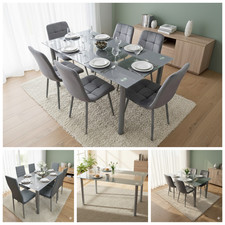 Grey Striped Glass Dining Table Set with 4 or 6 Chairs – Velvet or Faux Leather