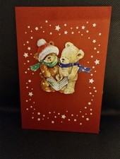 3D bear's carolling on patterned card. 6 X 4 inch