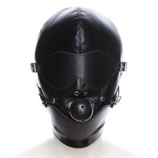 PU Leather Head Mask Harness Hood Ball Mouth Gag Slave Cosplay Blindfold Gimp SM