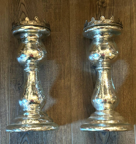 Pair mercury glass candlelabra - glass,