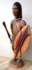 Vintage LARGE Carved Wooden African Tribal Warrior with Shield Figure 36 cm Tall