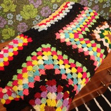 Bright Retro granny Squares Black Afghan Knitted Crochet Sofa Throw Bedspread
