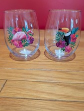 Tropical Flamingo & Toucan Stemless  Wine Cocktail Tumbler Glasses Set of 2