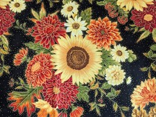 1Yd+7"/42" 100% SUPIMA Cotton BLACK w/Sunflowers/Metallic Gold Accents print NEW