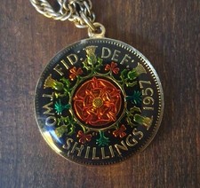 Enameled 2 Shilling 1957 Pendant Coin Necklace Queen Elizabeth Birth Year Gift