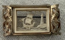 French Art Deco Cellulose Brooch Ship Painting shape