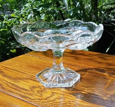 Antique Heavy Pressed Glass Pedestal Compote / Sweet Dish Hexagonal base wavytop