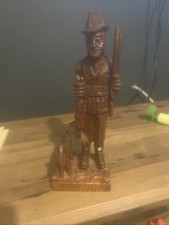 Wooden Hand Carved Man and His Dog Rabbit Hunting Old Rare Item Collectible